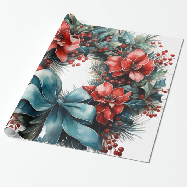 Pine Wreath with Red Flowers and Holly Wrapping Paper (Unrolled)