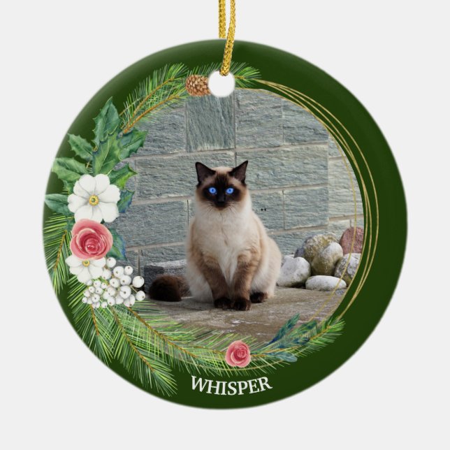 Pine Wreath with Roses Petunias White Berries Ceramic Ornament (Front)