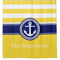 Pineapp Yellow Navy Blue Nautical Stripe Anchor CB Shower Curtain