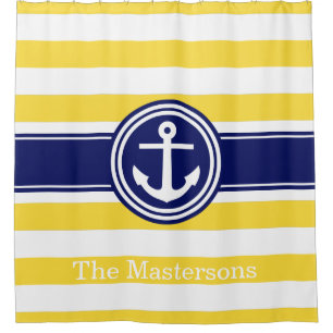 Pineapp Yellow Wt Navy Blue Nautical Stripe Anchor Shower Curtain