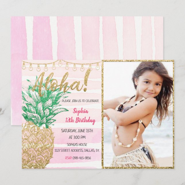 Pineapple Aloha Birthday Invitation With Photo (Front/Back)
