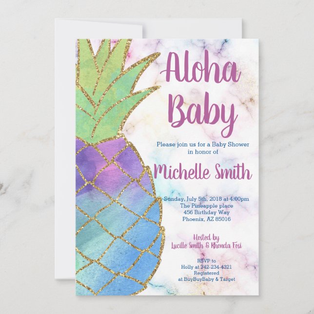 Pineapple Aloha Glitter Tropical Gold Baby Shower Invitation (Front)