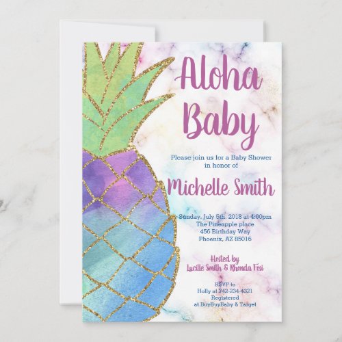 Pineapple Aloha Glitter Tropical Gold Baby Shower Invitation