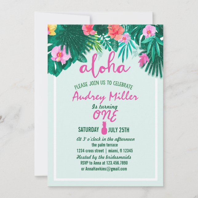 PINEAPPLE ALOHA tropical flower Birthday Invitation (Front)