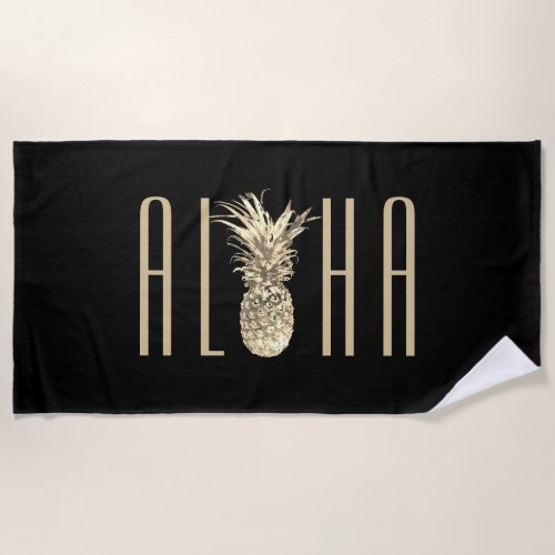 Pineapple Aloha Tropical Gold Typography Black Beach Towel