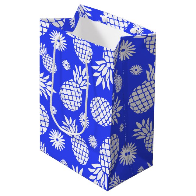 Pineapple and Daisy blue white gift bag (Front Angled)