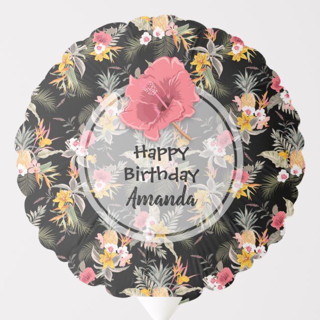 Pineapple and Flowers on Black Birthday Balloon (Front)
