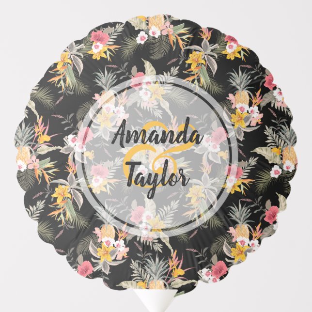 Pineapple and Flowers on Black Bridal Shower Balloon (Front)