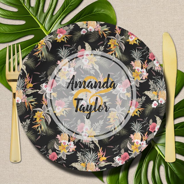 Pineapple and Flowers on Black Paper Plates (Wedding or bridal Shower floral black paper plates with pineapples)