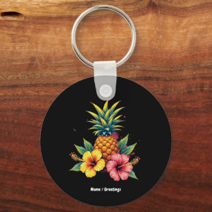 Pineapple and Hibiscus Floral Hawaii Summer Beach Keychain