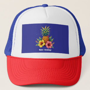 Pineapple and Hibiscus Floral Hawaii Summer Beach Trucker Hat