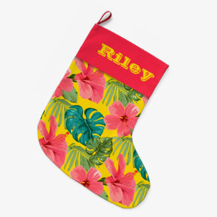 Pineapple and Hibiscus on Black Large Christmas Stocking