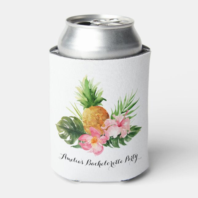 Pineapple and Hibiscus Summer Bachelorette Party Can Cooler (Can Front)