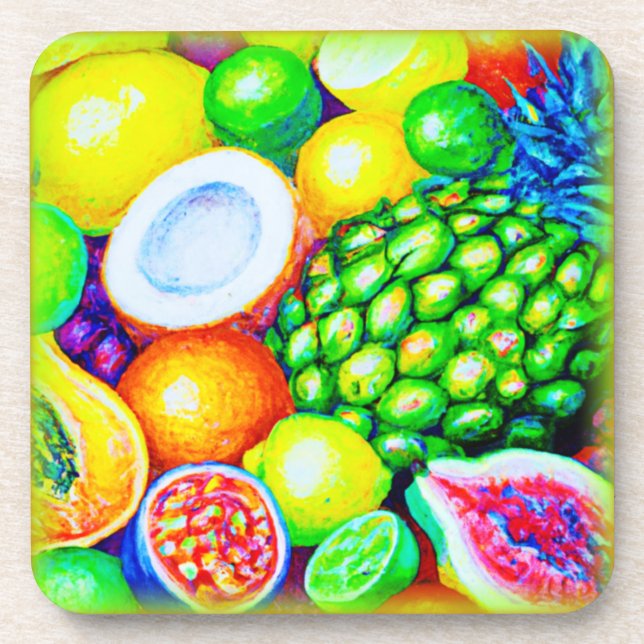 Pineapple and Tropical Fruits. Buy Now Beverage Coaster (Front)