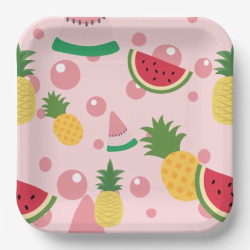 Pineapple and Watermelon Fruit Pink Paper Plates