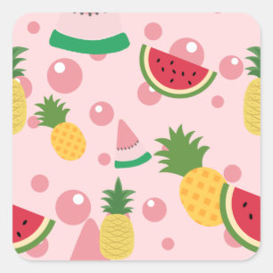 Pineapple and Watermelon Fruit Pink Square Sticker
