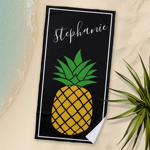 Pineapple and Whimsical black handwritten name Beach Towel