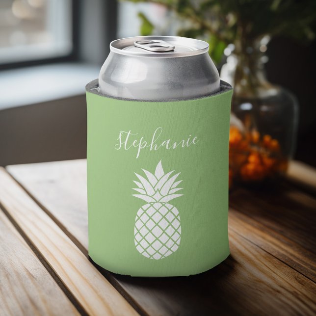 Pineapple and Whimsical green handwritten name Can Cooler (Personalized can cooler with a place to add a name or other custom text)