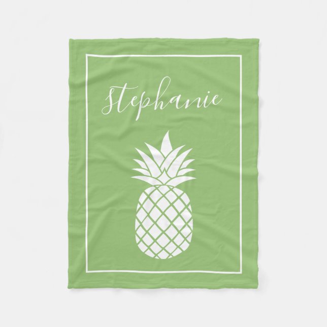Pineapple and Whimsical green handwritten name Fleece Blanket (Front)