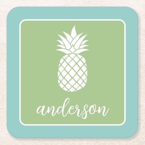 Pineapple and Whimsical green teal _ script name Square Paper Coaster