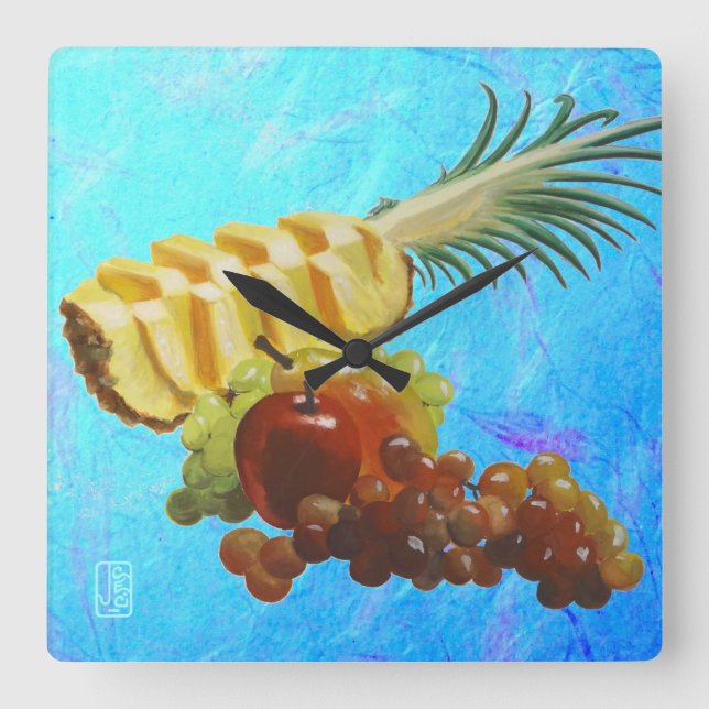 Pineapple, Apple, Pear, Grapes Acrylic Kitchen Square Wall Clock (Front)