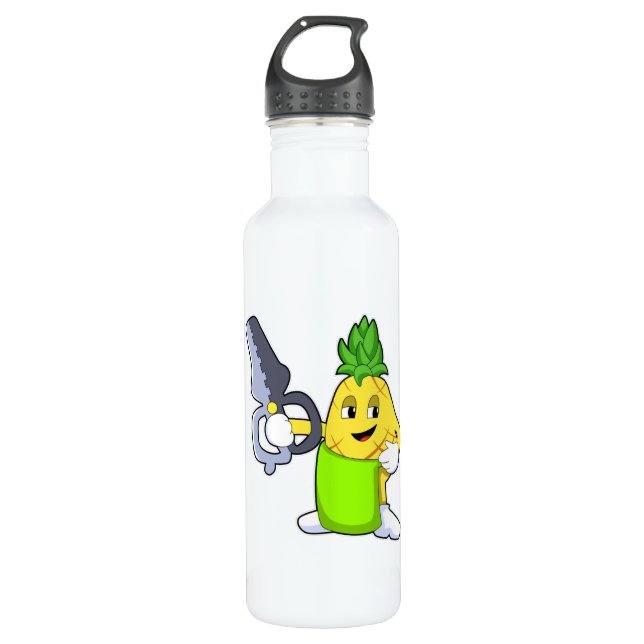 Pineapple as Hairdresser with Scissors & Razor Stainless Steel Water Bottle (Front)