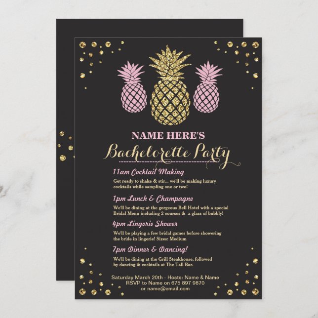 Pineapple Bachelorette Gold Itinerary Aloha Invite (Front/Back)