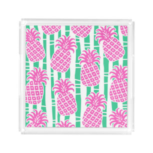 Pineapple Bamboo Stripes Pink & Green Pattern Acrylic Tray