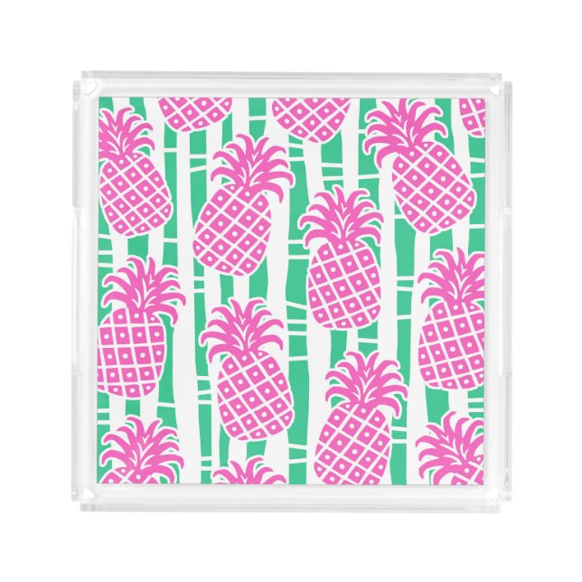 Pineapple Bamboo Stripes Pink & Green Pattern Acrylic Tray (Front)