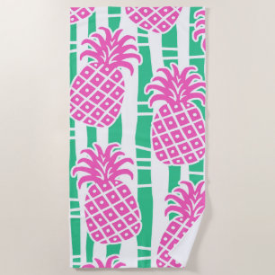 Pineapple Bamboo Stripes Pink & Green Pattern Beach Towel