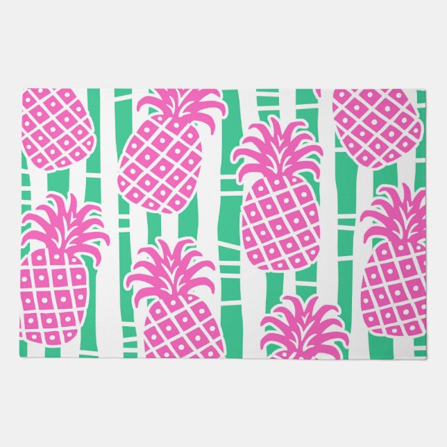 Pineapple Bamboo Stripes Pink & Green Pattern Doormat (Front)