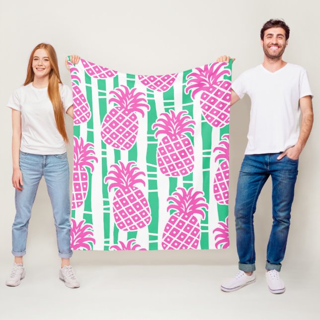 Pineapple Bamboo Stripes Pink & Green Pattern Fleece Blanket (In Situ)