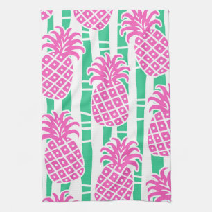Pineapple Bamboo Stripes Pink & Green Pattern Kitchen Towel