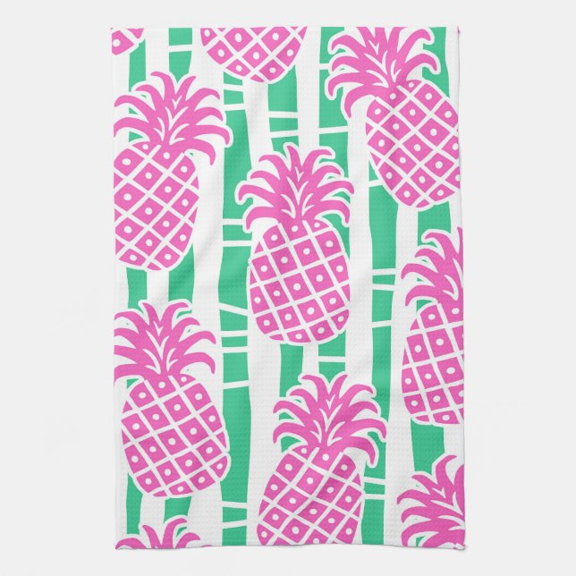 Pineapple Bamboo Stripes Pink & Green Pattern Kitchen Towel (Vertical)