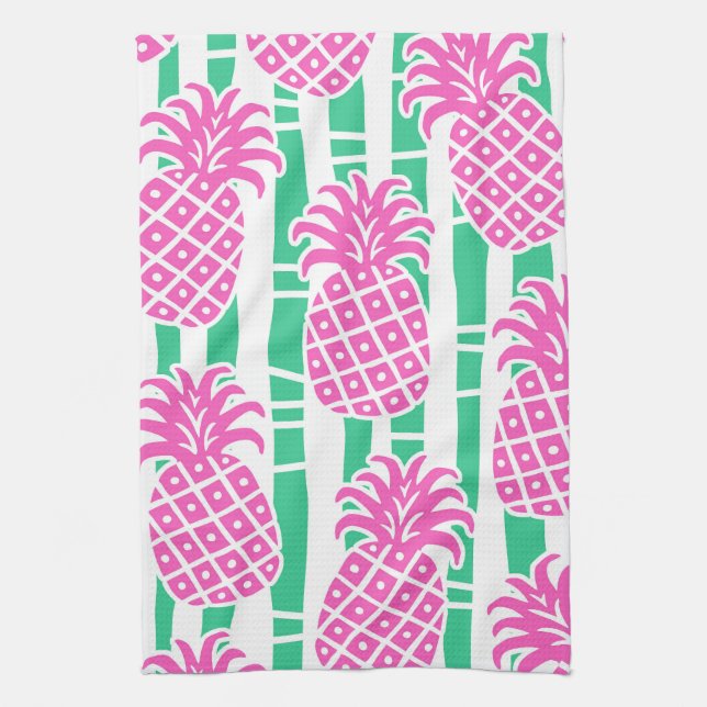 Pineapple Bamboo Stripes Pink & Green Pattern Kitchen Towel (Vertical)