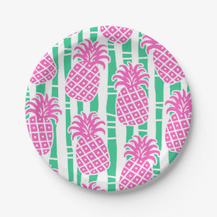 Pineapple Bamboo Stripes Pink & Green Pattern Paper Plates