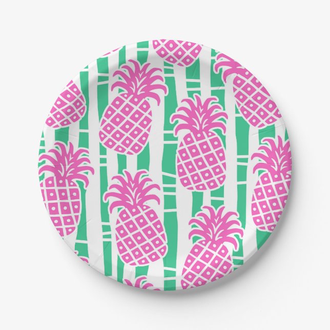 Pineapple Bamboo Stripes Pink & Green Pattern Paper Plates (Front)