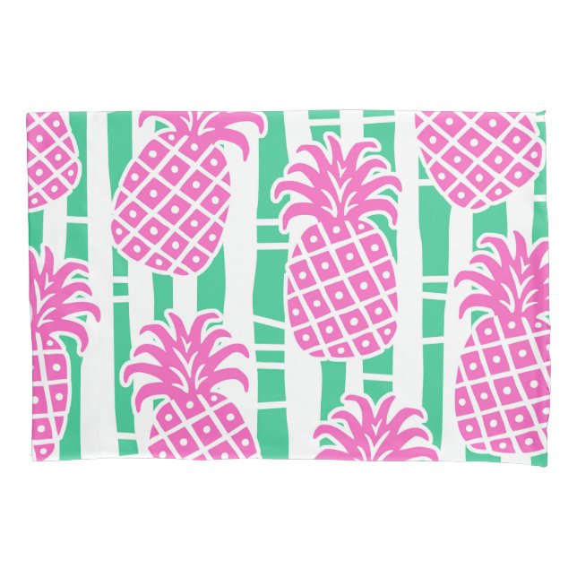 Pineapple Bamboo Stripes Pink & Green Pattern Pillow Case (Front-Left)