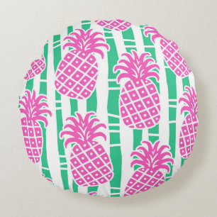Pineapple Bamboo Stripes Pink & Green Pattern Round Pillow