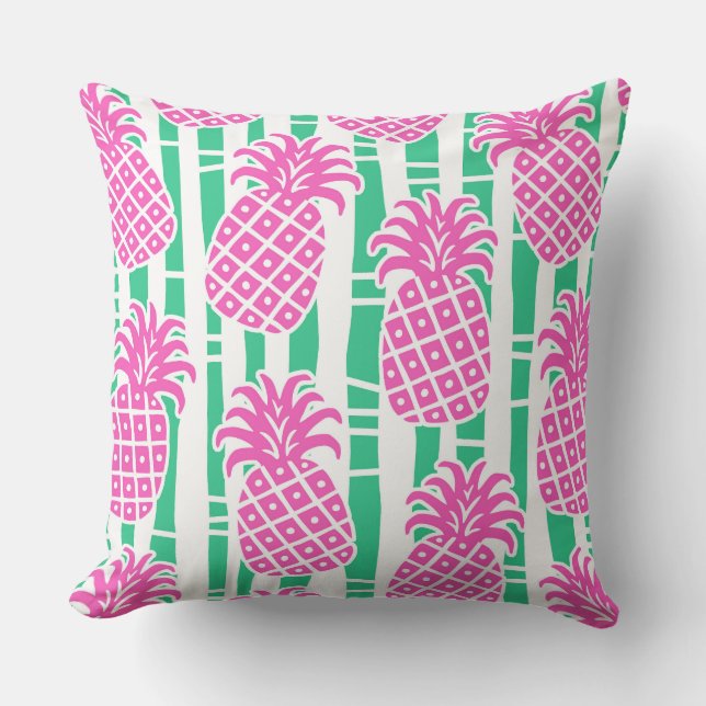 Pineapple Bamboo Stripes Pink & Green Pattern Throw Pillow (Front)