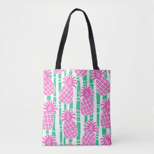 Pineapple Bamboo Stripes Pink & Green Pattern Tote Bag