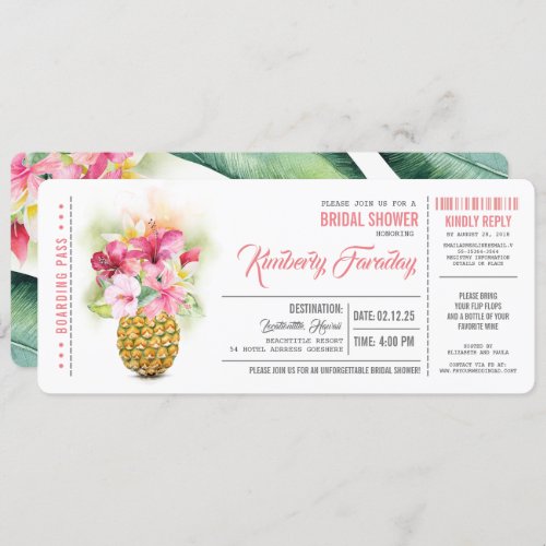 Pineapple Beach Boarding Pass Ticket Bridal Shower Invitation