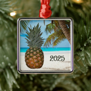 Pineapple, Beach, Palm, Ocean,  Metal Ornament