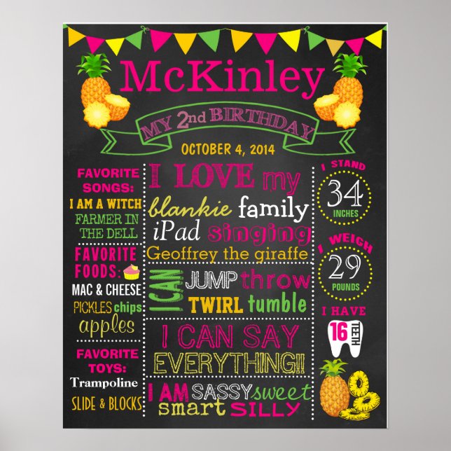 Pineapple Birthday chalkboard sign poster (Front)