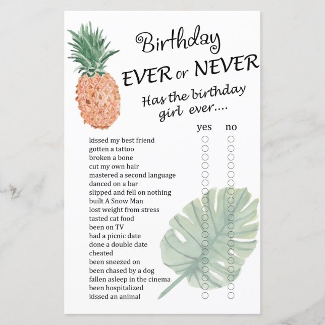 Pineapple Birthday ever or never game (Front)