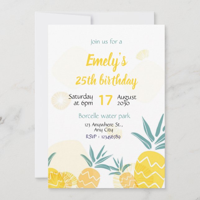 Pineapple Birthday invitaton Template bday invite  (Front)