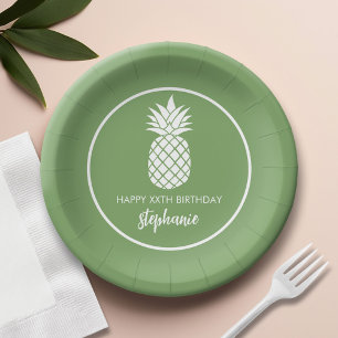 Pineapple Birthday Party Green White Paper Plates