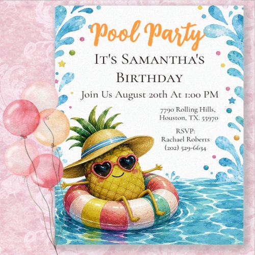 Pineapple Birthday Pool Party Invitation