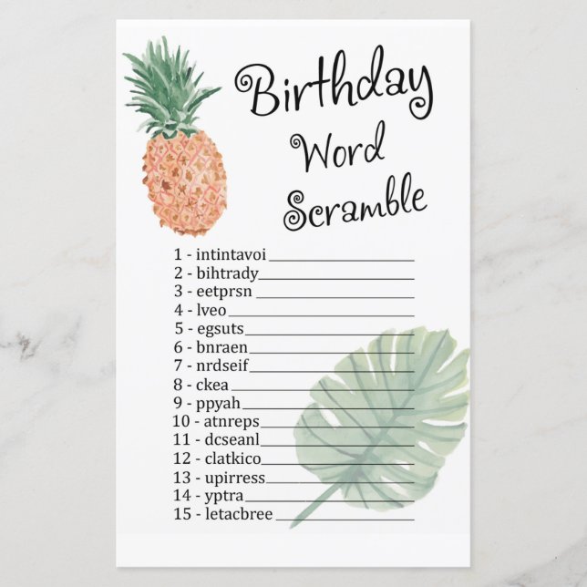pineapple BIRTHDAY WORD SCRAMBLE Game (Front)