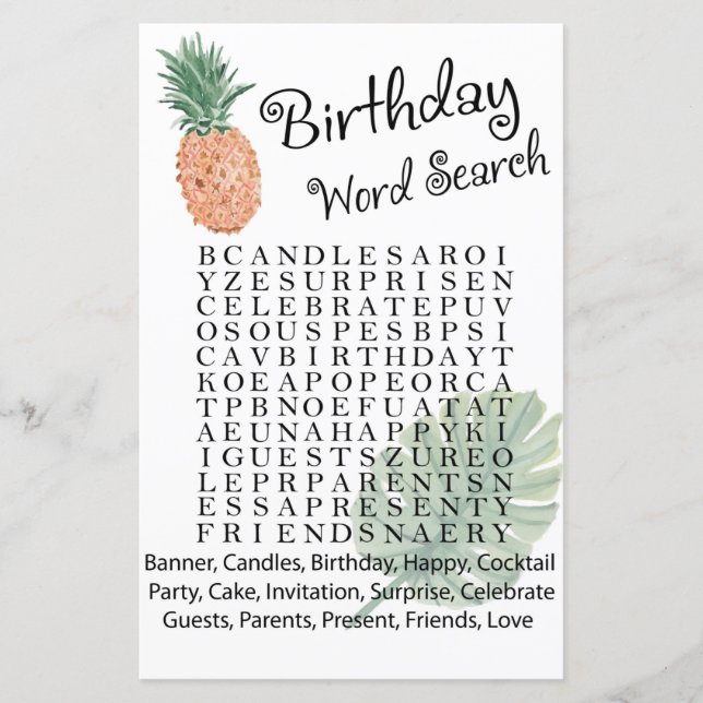 pineapple Birthday word search game (Front)